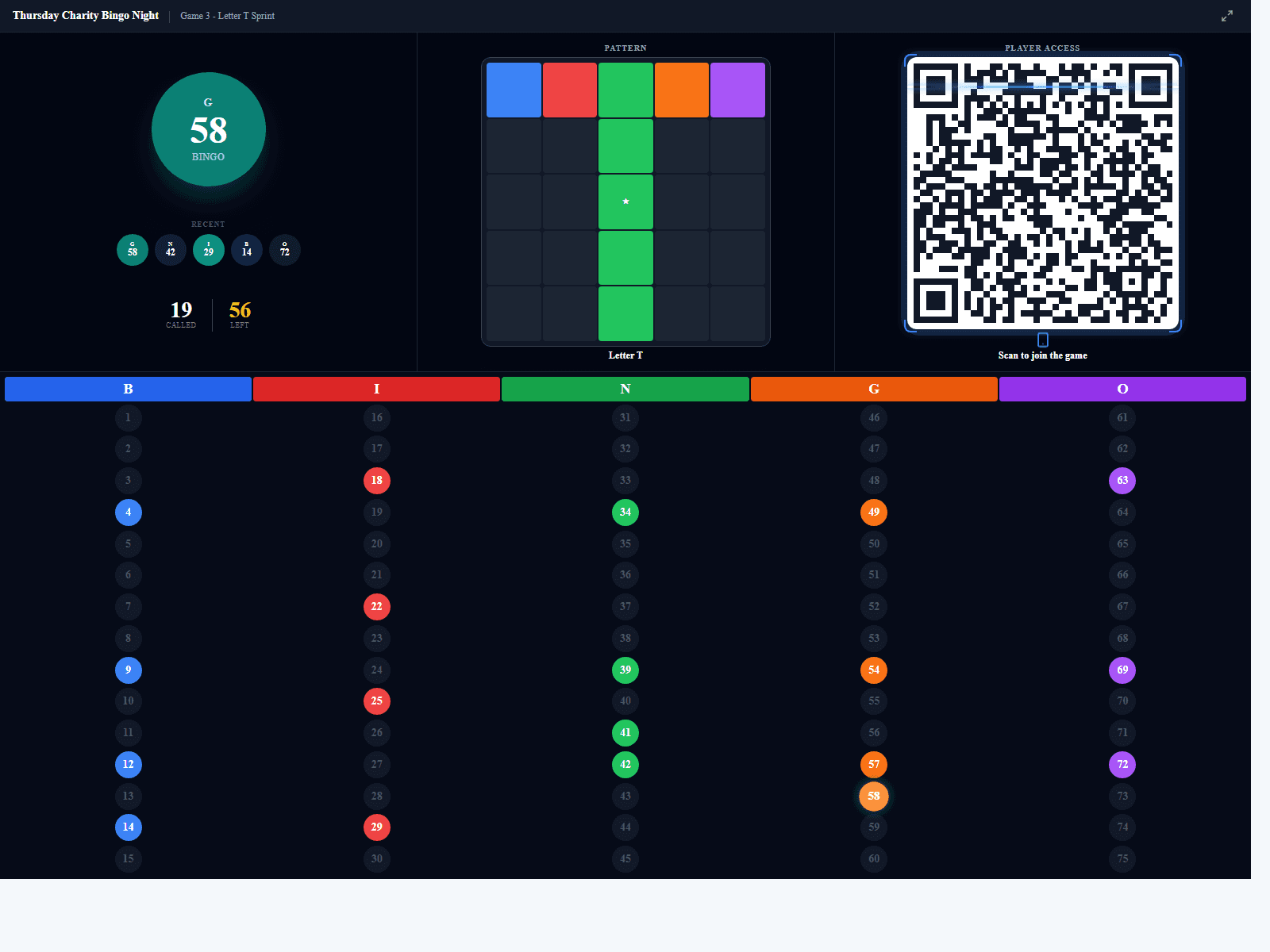 BingoHub shared TV and projector event display screenshot for a large room.