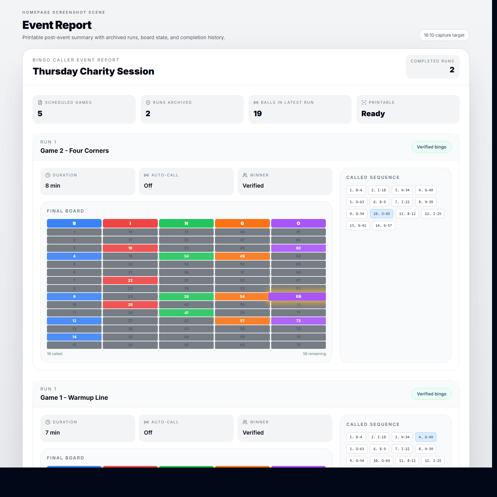 Event report screenshot showing archived game runs and printable summaries