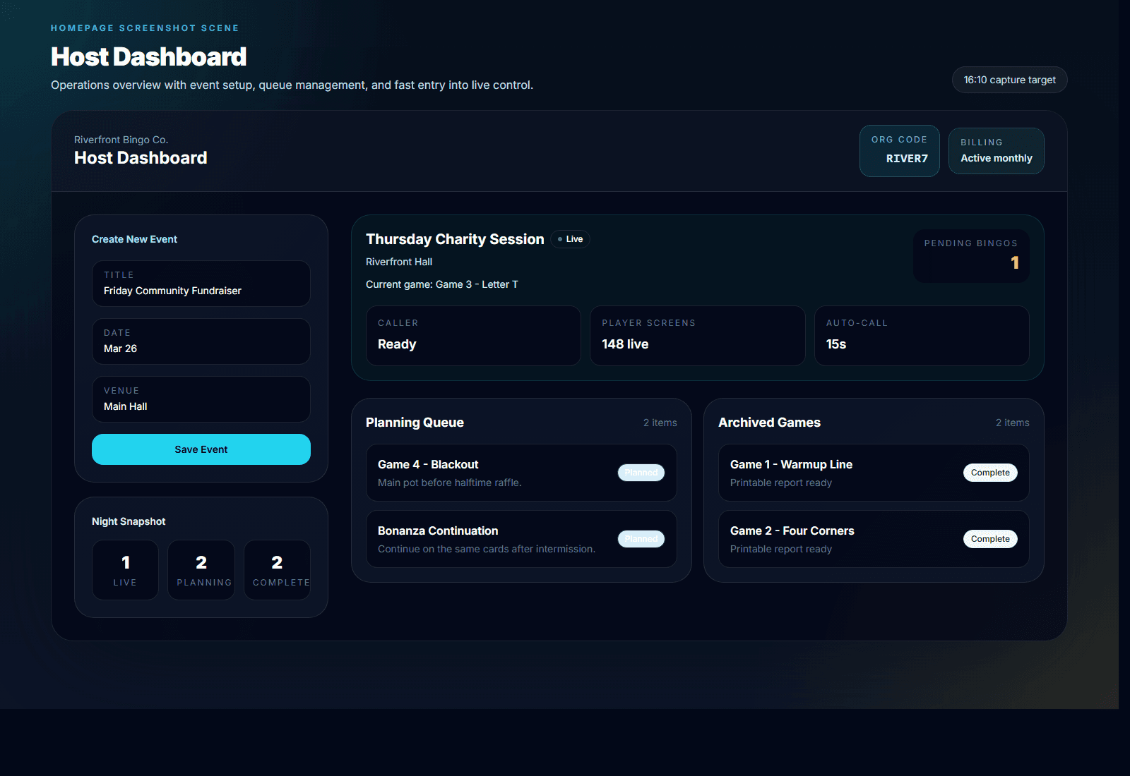 Host dashboard screenshot showing a live event, planning queue, and archived games
