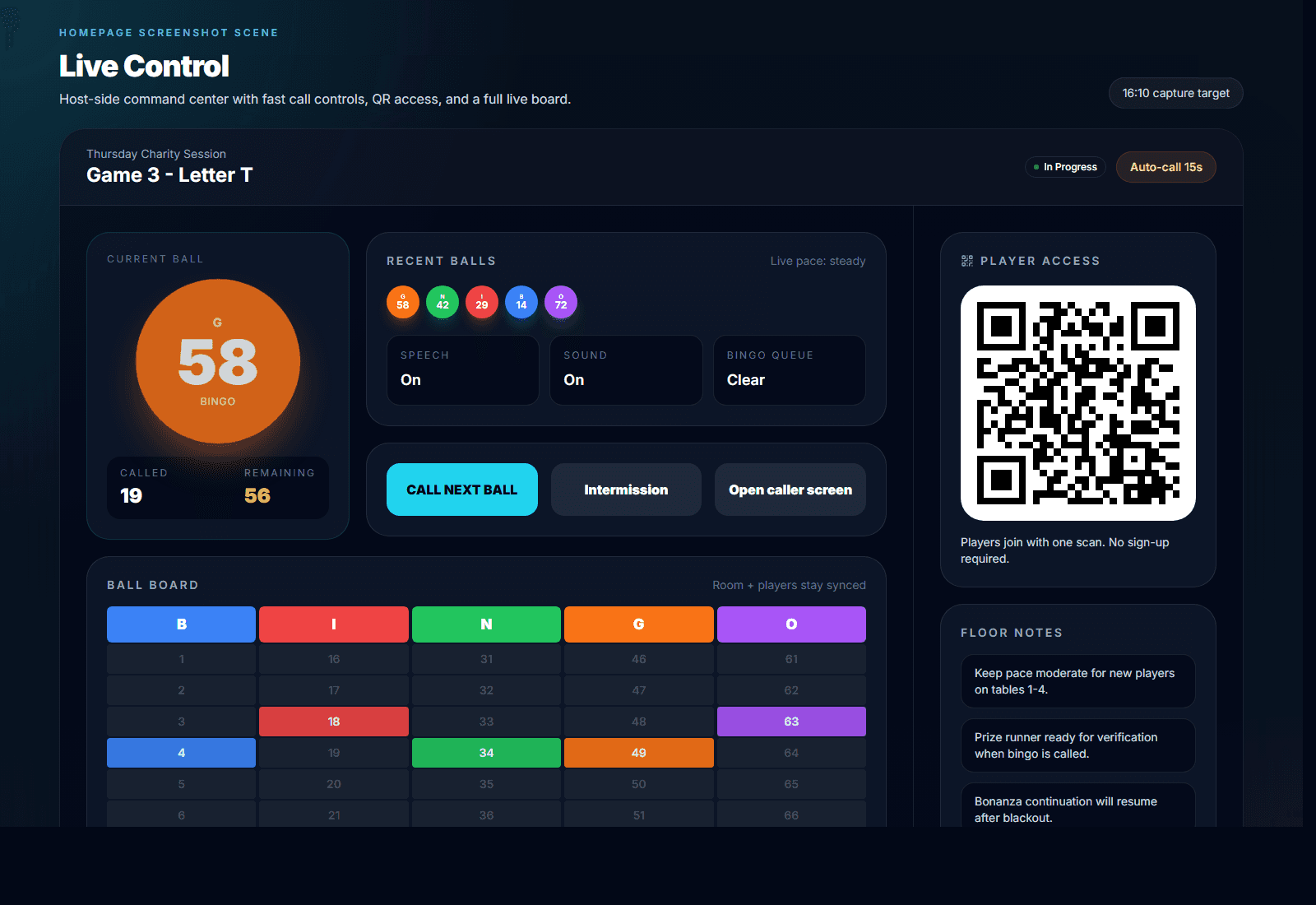 Live control screenshot showing current ball, recent calls, and the live board