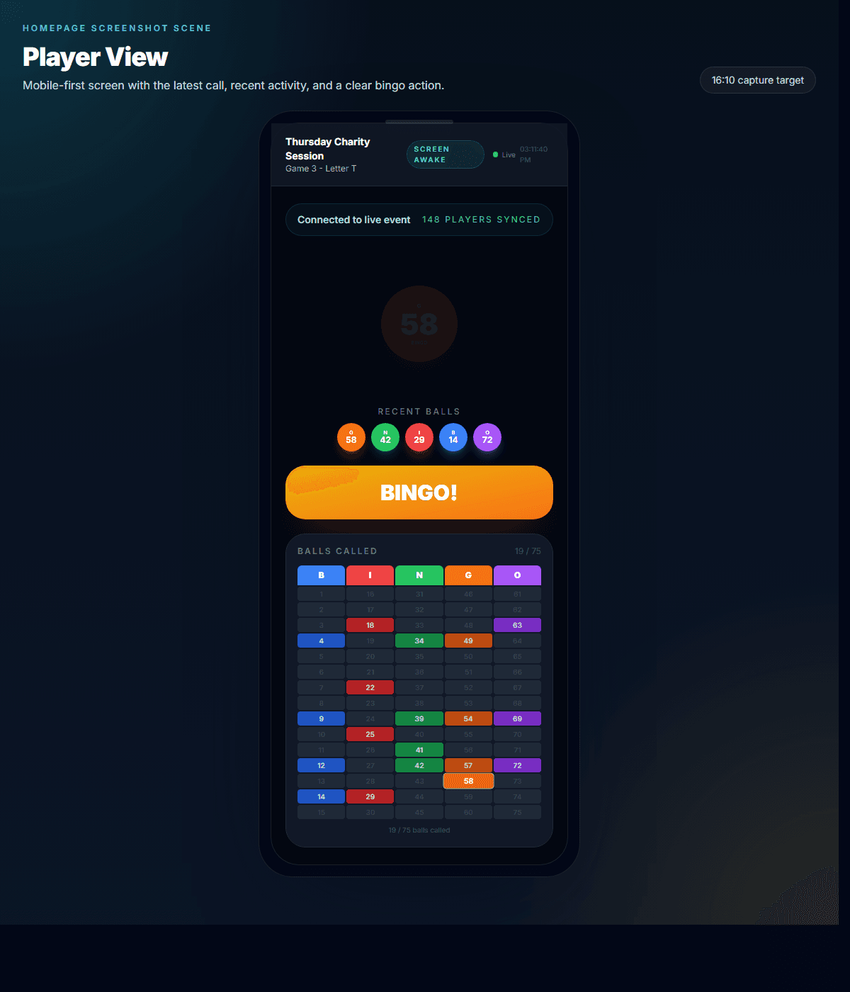 Player-view screenshot showing current ball and called-number board